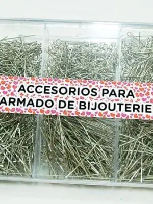 Caja de acrílico con clavos y alfileres níquel