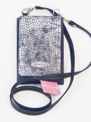 Porta celular bandolera de cuero sintético - Marca SETIEMBRE - PLATEADO REPTIL Y NEGRO