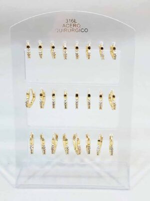 Blister con 12 pares argollitas doradas con strass - FORMA CORAZON